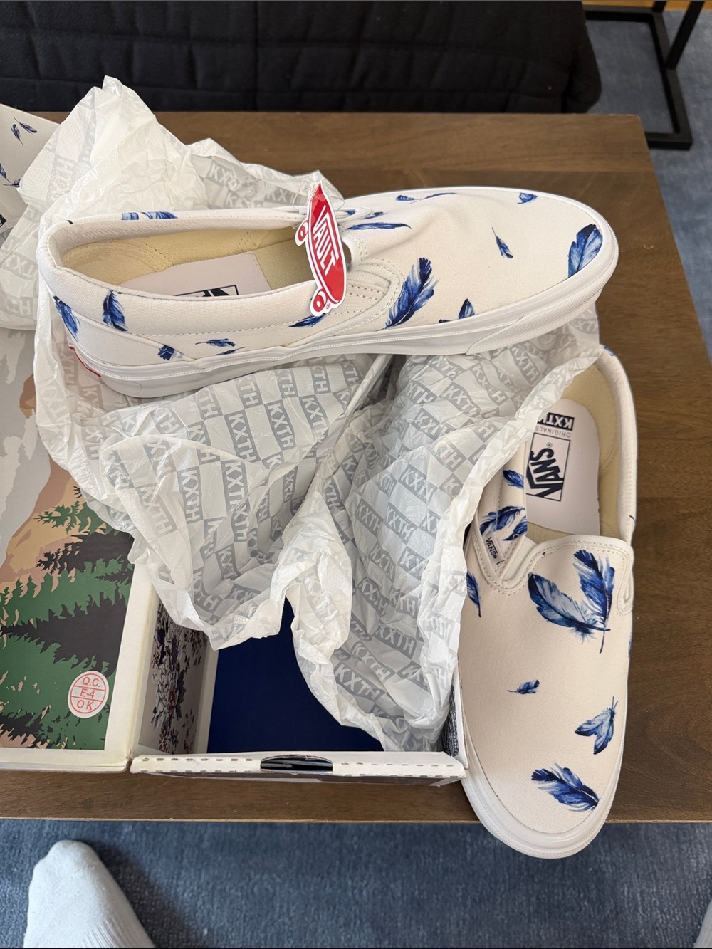 Vans Slip-On Feather Print Shoes in White and Blue